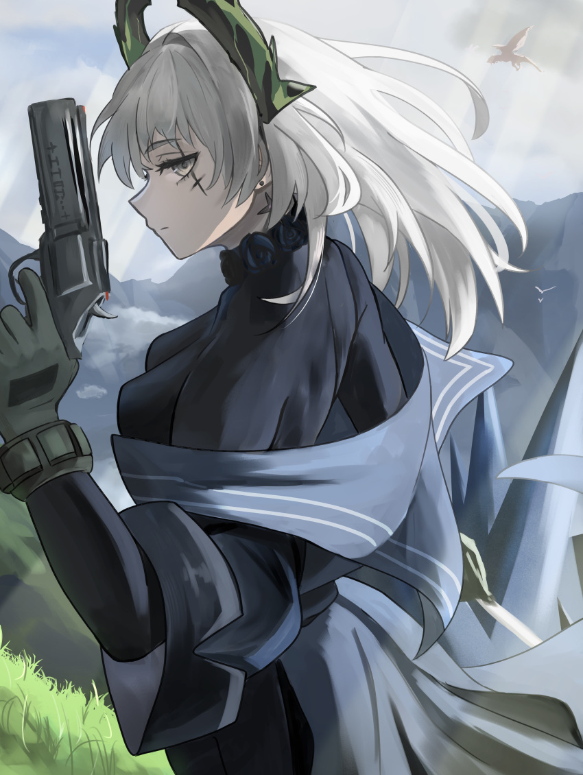 absurdres arknights black_shirt breasts closed_mouth commentary day dragon earrings female from_side gloves green_gloves grey_eyes gun hand_up handgun highres holding holding_gun holding_weapon irene_(arknights) irene_(the_adjudicatrix_and_her_resolve)_(arknights) jewelry light_rays long_hair long_sleeves medium_breasts off_shoulder official_alternate_costume outdoors profile revolver scar scar_across_eye shirt simple_bird solo upper_body weapon white_hair wind ypiko