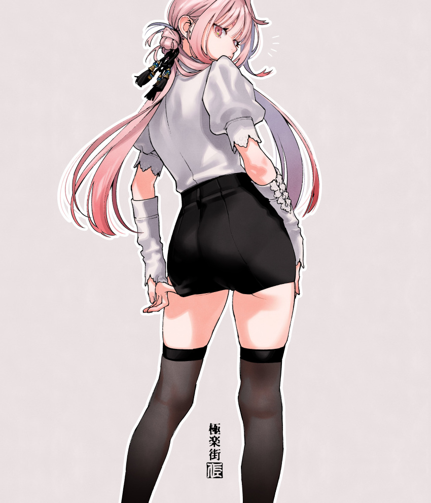 absurdres ass black_shorts black_thighhighs bridal_gauntlets clothes_pull copyright_name cropped feet_out_of_frame female gauntlets gokurakugai hair_bun highres looking_at_viewer looking_back nei_takarai_(gokurakugai) notice_lines pink_eyes pink_hair ponytail puffy_sleeves pulling_own_clothes sano_yuuto short_shorts shorts simple_background thighhighs white_background