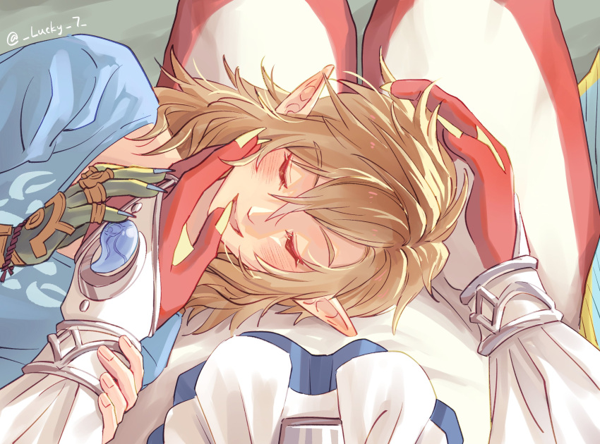 2boys artist_name blonde_hair blue_shirt champion's_tunic_(zelda) closed_eyes colored_skin commentary english_commentary fish_boy hand_on_another's_head highres implied_yaoi lap_pillow link multiple_boys na_nako pointy_ears pov red_skin shirt sidon the_legend_of_zelda the_legend_of_zelda:_tears_of_the_kingdom