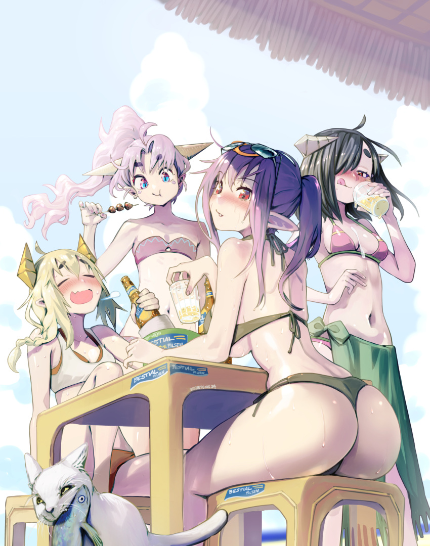 +_+ 4girls :t ahoge alcohol ass beach beach_umbrella beer beer_bottle bikini black_bikini black_hair blonde_hair blue_eyes blurry blurry_background blush breasts character_request clip_studio_paint_(medium) cloud cloudy_sky commentary cup dango day dragon_horns drunk eating elf english_commentary eudetenis eyewear_on_head feet_out_of_frame feline fish_(food) flat_chest food food_in_mouth green_sarong hair_over_one_eye highres holding holding_cup horizon horns irisha_(eudetenis) large_breasts long_hair looking_at_viewer medium_breasts medium_hair multiple_girls navel nose_blush ocean original pink_bikini pink_hair pink_tube_top pointy_ears red_eyes sarong short_eyebrows sitting sky small_breasts spilling standing stool strapless summer sunglasses sweat swimsuit table tankini tube_top umbrella underboob wagashi white_cat