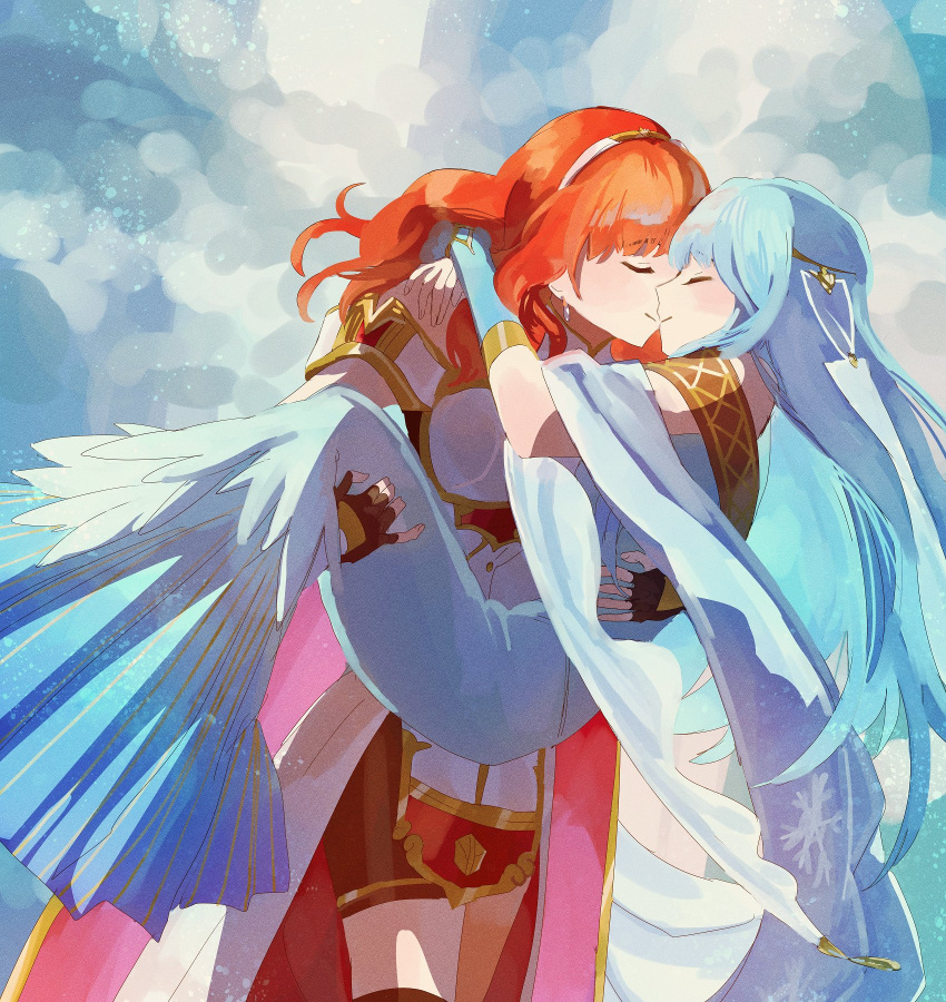 2girls armor black_gloves black_skirt blue_dress blue_hair carrying celica_(fire_emblem) circlet closed_eyes commission commissioner_upload dress earrings fingerless_gloves fire_emblem fire_emblem:_the_blazing_blade fire_emblem_echoes:_shadows_of_valentia fusenryo gloves highres jewelry kissing light_blue_hair long_hair multiple_girls ninian_(fire_emblem) princess_carry red_hair sash skirt tiara yuri