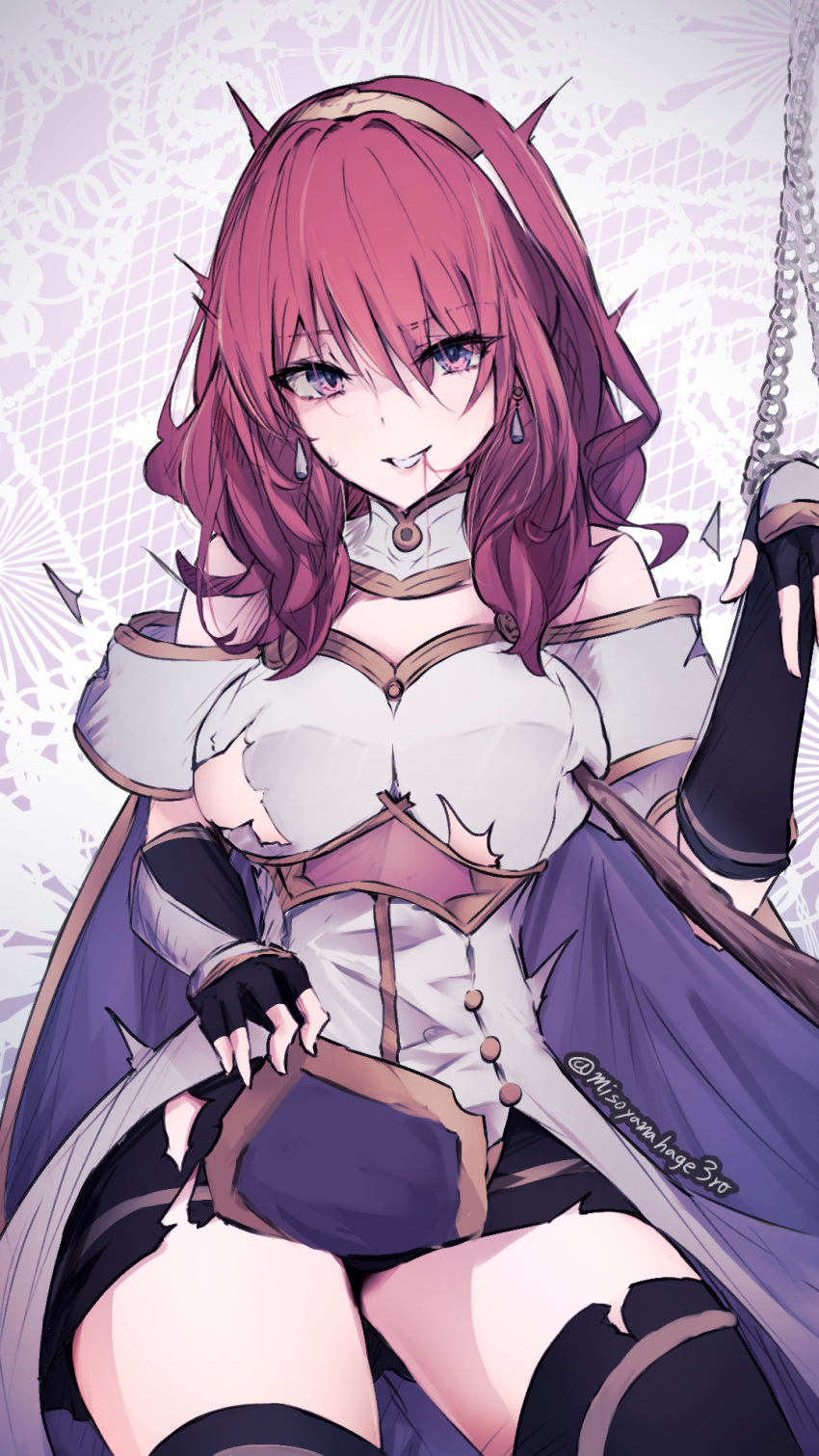 black_thighhighs breasts celica_(fire_emblem) dress earrings female fire_emblem fire_emblem_echoes:_shadows_of_valentia fire_emblem_engage highres jewelry lemonolem looking_at_viewer medium_hair off_shoulder red_eyes red_hair restrained smile solo thighhighs thighs torn_clothes white_dress