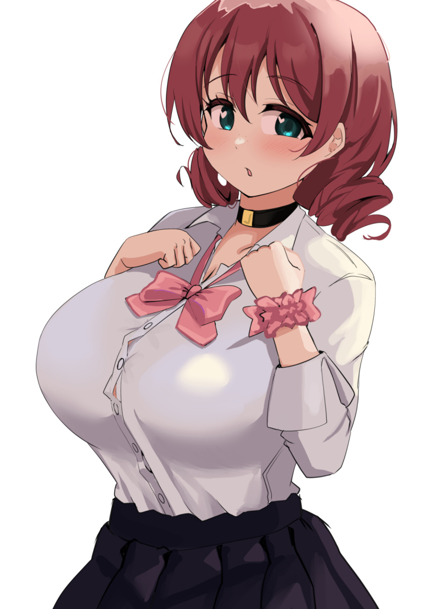 aqua_eyes black_choker black_skirt blush bra bra_visible_through_clothes breasts brown_hair choker cleavage collarbone collared_shirt commentary_request emma_verde female freckles heart heart-shaped_pupils highres large_breasts long_sleeves looking_at_viewer love_live! love_live!_nijigasaki_high_school_idol_club open_mouth pisagi pleated_skirt purple_bra school_uniform scrunchie shirt simple_background skirt solo standing symbol-shaped_pupils tented_shirt underwear white_background white_shirt wrist_scrunchie