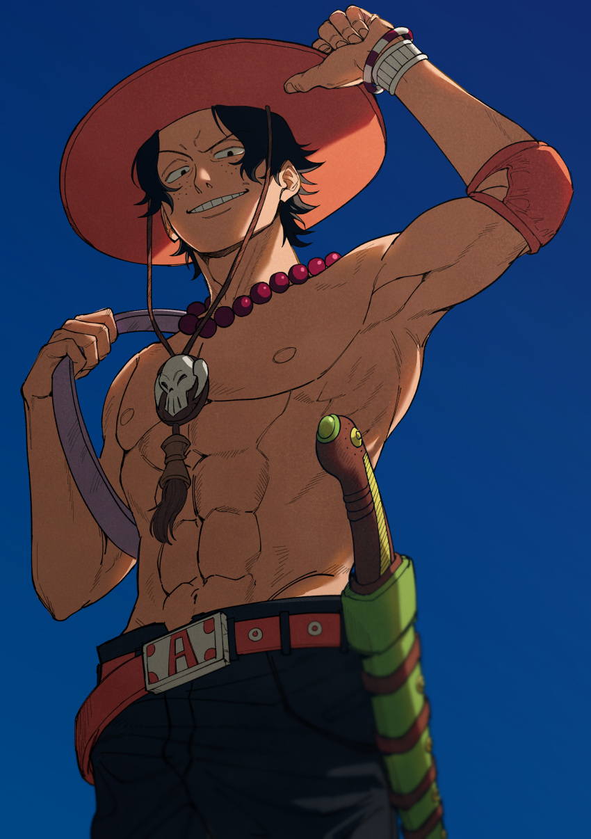 1boy abs absurdres arm_up armpits belt belt_buckle biceps black_eyes black_hair black_shorts blue_sky bracelet buckle clear_sky commentary_request cowboy_shot dagger day elbow_pads freckles grin hand_on_headwear hand_up hat highres jewelry knife knife_sheath looking_at_viewer male_focus navel necklace nipples one_piece orange_belt orange_hat outdoors parted_bangs pearl_necklace pectorals portgas_d._ace sheath sheathed short_hair shorts single_elbow_pad sky smile solo standing stomach teeth topless_male usarinko v-shaped_eyebrows weapon