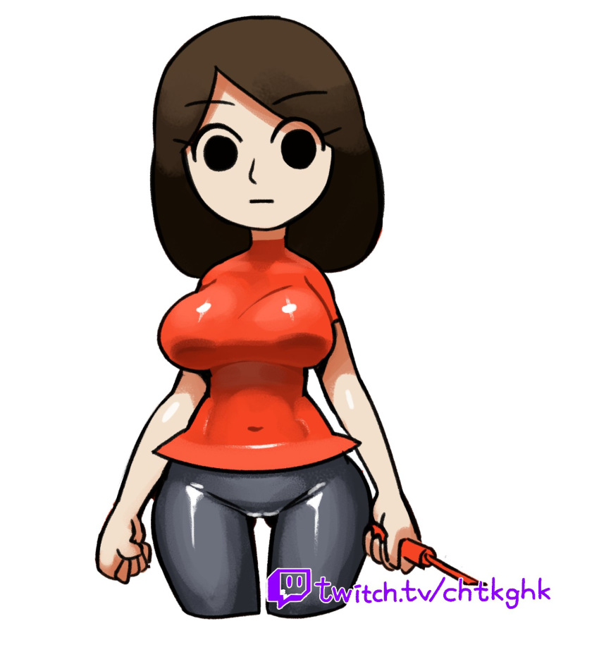 black_eyes black_hair black_pants breasts brown_hair clenched_hands closed_mouth covered_navel cowboy_shot cropped_legs expressionless female guest_mii highres holding jaggy_lines large_breasts long_hair looking_at_viewer medium_hair mii_(nintendo) minuspal navel nintendo no_nose no_pupils pants parted_bangs red_shirt shiny_clothes shirt short_sleeves simple_background skin_tight solo standing swept_bangs thigh_gap thighs tight_clothes twitch.tv username white_background wii_sports