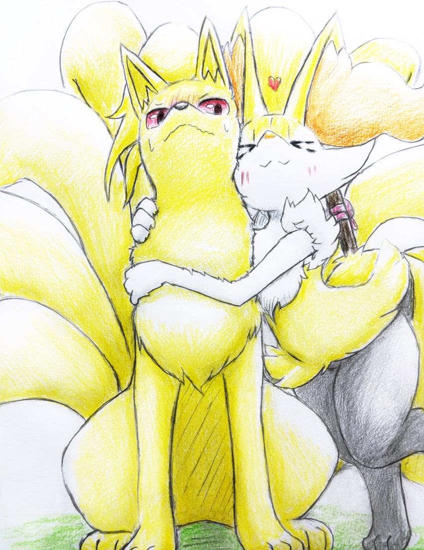 2024 ambiguous_gender anthro blush blush_lines bodily_fluids braixen canid canine closed_eyes duo eiroru fennec_fox feral fox fur generation_1_pokemon generation_6_pokemon graphite_(artwork) heart_symbol hi_res hug inner_ear_fluff mammal multi_tail ninetales nintendo orange_body orange_fur paws pokemon pokemon_(species) raised_leg red_eyes stick sweat tail traditional_media_(artwork) true_fox tuft white_body white_fur yellow_body yellow_fur