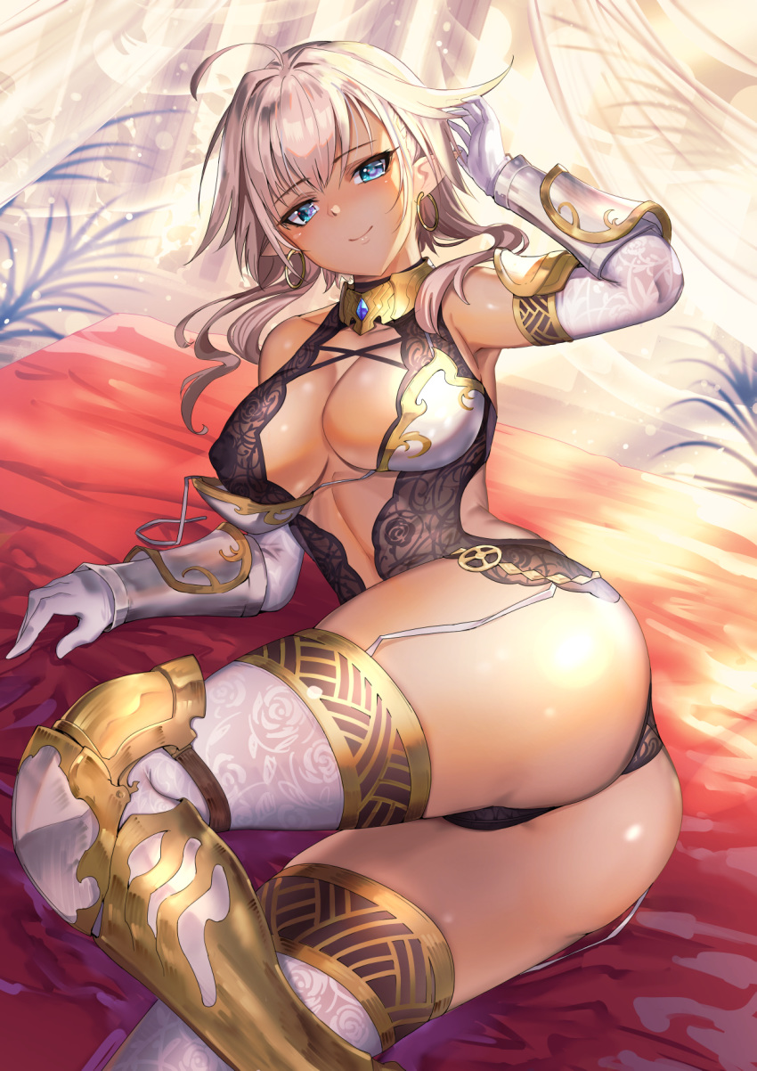 ahoge armor armored_boots ass bare_shoulders blue_eyes blush boots breasts cleavage commentary_request covered_nipples dark-skinned_female dark_elf dark_skin earrings elbow_gloves elf female floral_print garter_straps gloves highres hoop_earrings jewelry large_breasts long_hair looking_at_viewer lying matsumoto_mitsuaki on_side original pointy_ears shiny_skin short_hair simple_background smile solo thighhighs thighs vambraces white_gloves white_thighhighs