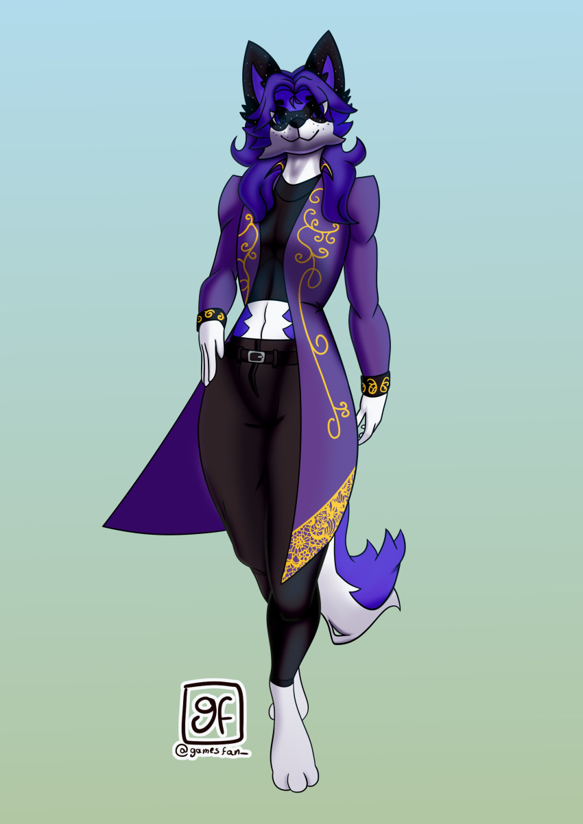 absurd_res anthro black_body black_clothing black_fur blue_eyes canid canine clothing fox freckles fur gamesfan hair hi_res male mammal markings multicolored_body multicolored_fur paws purple_body purple_clothing purple_fur purple_hair purple_tail smile solo two_tone_body two_tone_fur two_tone_tail white_body white_fur white_tail yellow_clothing