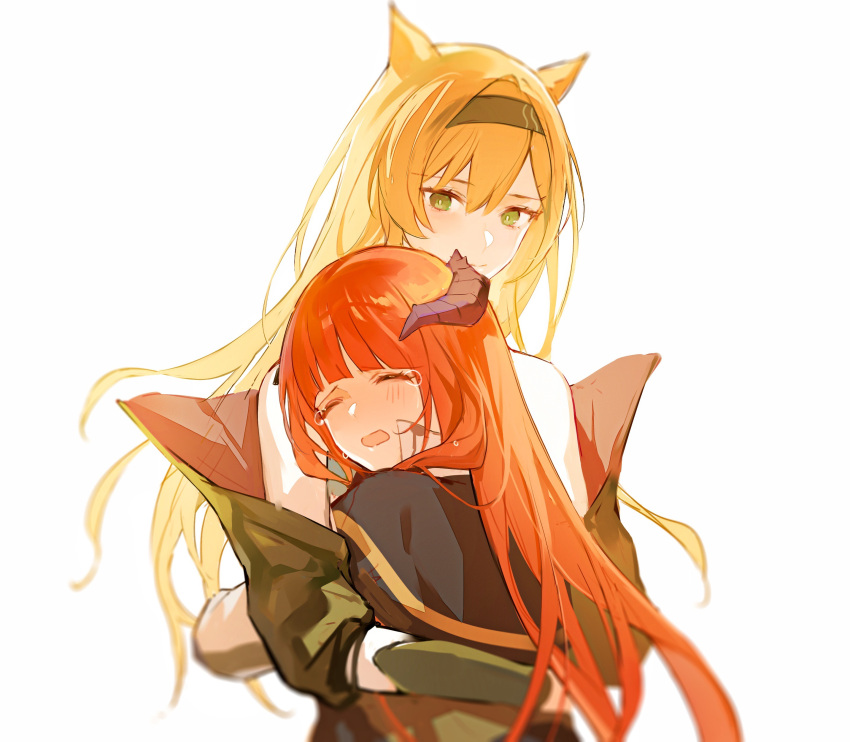 2girls absurdres animal_ears arknights bagpipe_(arknights) bare_shoulders black_hairband blonde_hair blunt_bangs closed_eyes commentary_request crying green_eyes hairband highres horn_(arknights) horns hug jacket long_hair multiple_girls open_mouth orange_hair qinglai_haiji simple_background tears white_background wolf_ears