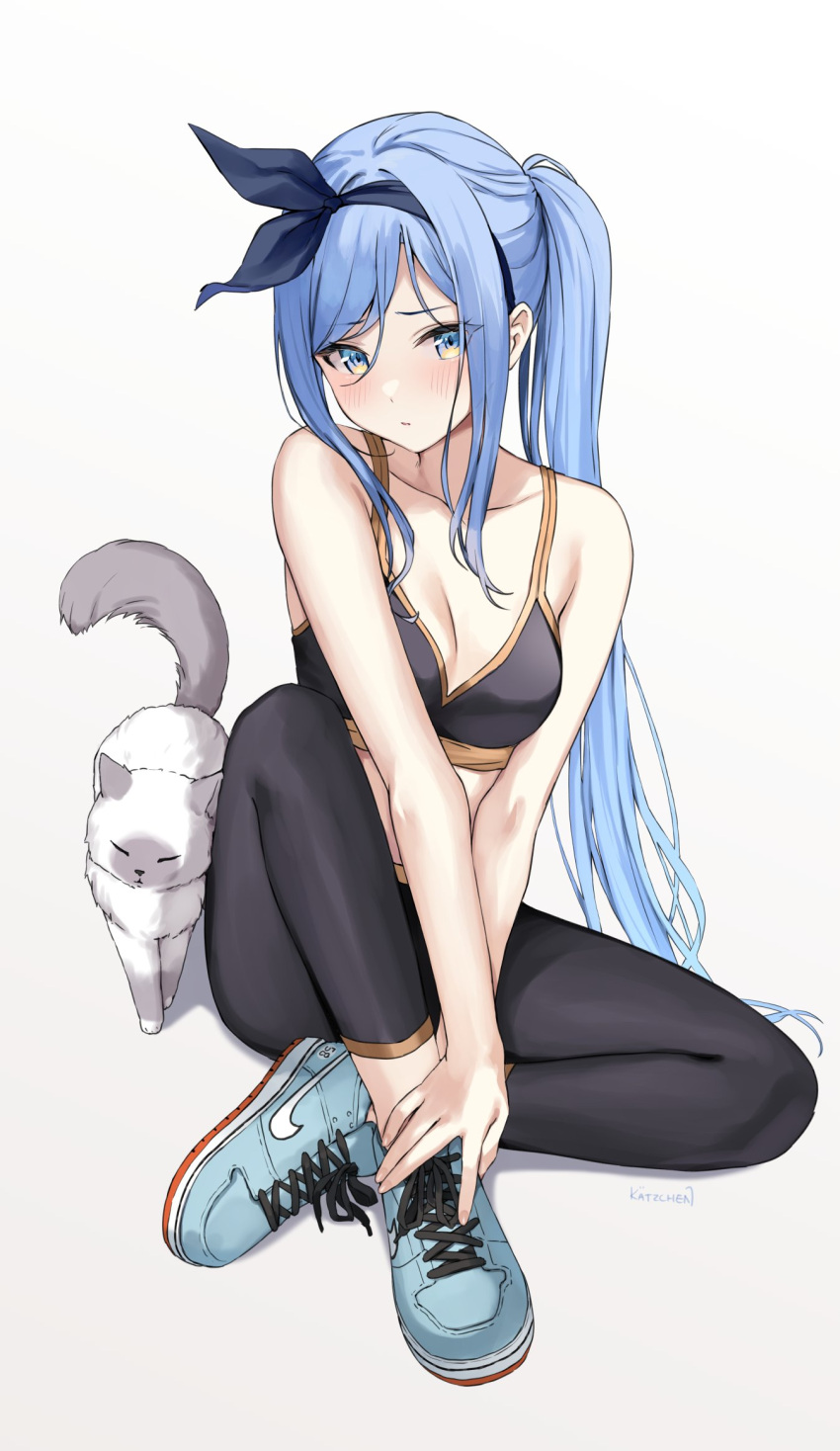 arms_between_legs bae_minah_(chaesu) bare_shoulders black_pants black_sports_bra blue_eyes blue_footwear blue_hair blush borrowed_character breasts cleavage collarbone commentary feline female full_body gradient_eyes hairband highres kaetzchen knee_up long_hair looking_at_viewer medium_breasts multicolored_eyes original pants ponytail shadow shoes shy signature simple_background sitting sneakers solo sports_bra sportswear symbol-only_commentary white_background white_cat yellow_eyes