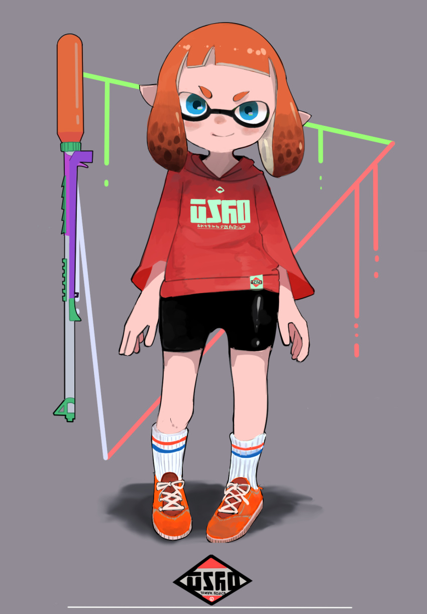 bike_shorts blue_eyes commentary_request female full_body grey_background highres inkling inkling_girl inkling_player_character jacket logo looking_at_viewer orange_footwear orange_hair ryu_(17569823) short_hair smile solo splat_charger_(splatoon) splatoon_(series) standing tentacle_hair