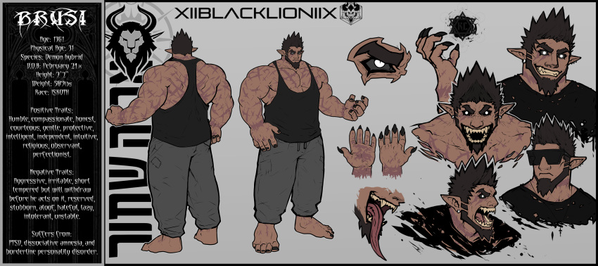 1boy absurdres ass bara beard black_sclera black_tank_top brusi_(iixblacklionxii) colored_sclera crazy_smile dark-skinned_male dark_skin demon_boy expressions facial_hair feet_out_of_frame full_body glowing glowing_eyes grey_pants grin highres iixblacklionxii large_hands large_pectorals long_tongue looking_at_viewer male_focus mature_male monster_boy muscular muscular_male nipples no_genitals original pants pectoral_cleavage pectorals pointy_ears reference_sheet scar scar_on_arm scar_on_chest short_hair sideburns sidepec smile standing stomach strongman_waist sunglasses tank_top thick_eyebrows tongue towel towel_around_neck umbrakinesis yellow_eyes