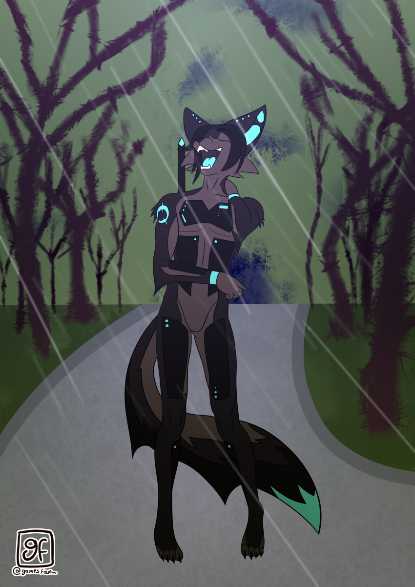 absurd_res anthro blue_body blue_fur blue_markings blue_tongue brown_body brown_fur brown_hair brown_tail canid canine claws closed_eyes cybernetics cyborg detailed_background fangs fox fur gamesfan grass green_body green_fur green_tail grey_body grey_fur grey_tail hair hand_behind_head hi_res machine mammal markings multicolored_body multicolored_fur open_mouth paws plant raining road signature solo standing tail_markings teeth tongue tree