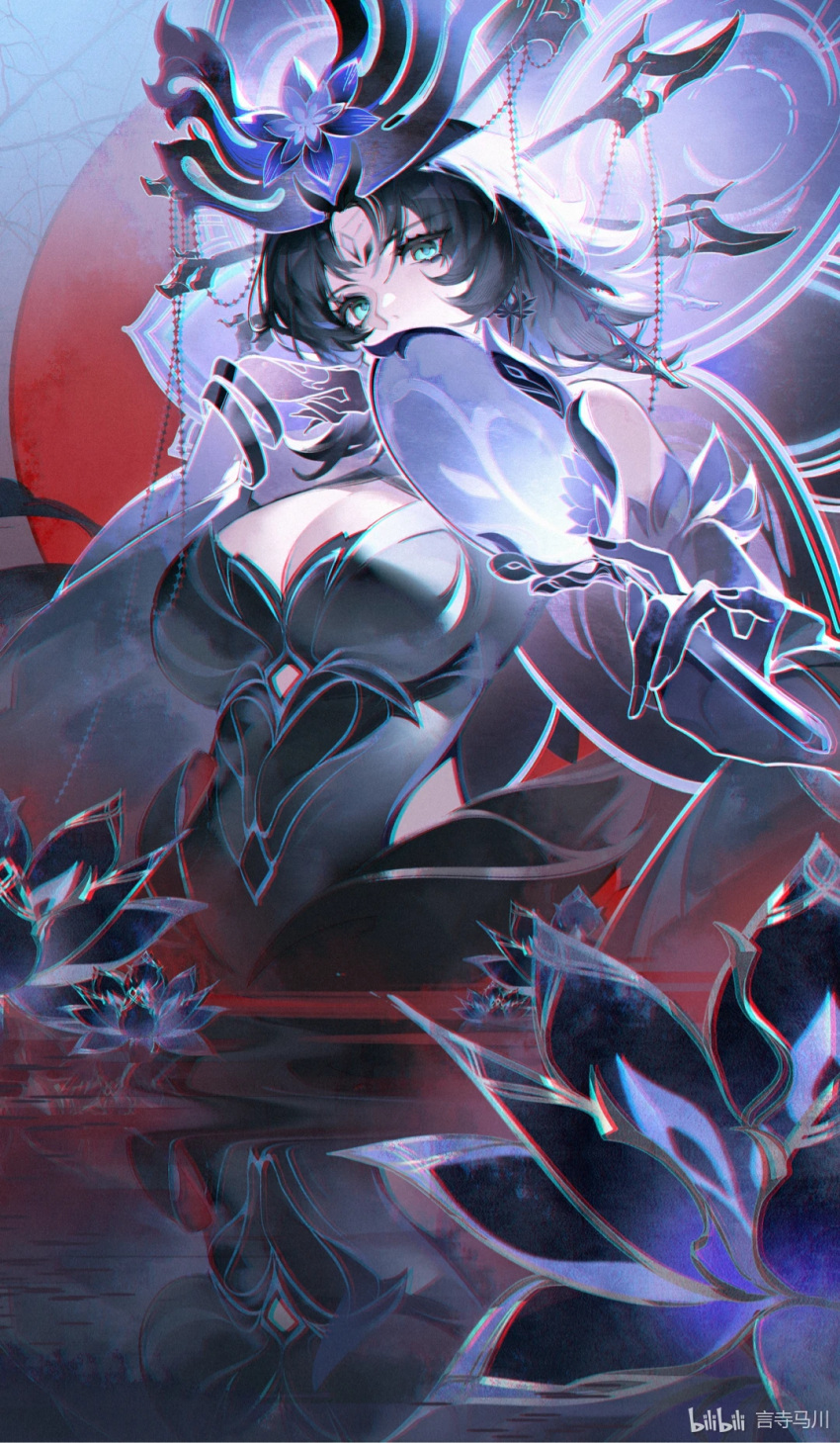 aqua_eyes bare_shoulders black_dress black_flower black_hair black_nails bracelet breasts chinese_commentary chromatic_aberration cleavage commentary_request covered_mouth dress earrings female flower hand_fan highres holding holding_fan honkai:_star_rail honkai_(series) jewelry long_hair looking_at_viewer lotus paper_fan parted_bangs phantylia solo tuanshan yu_jiu