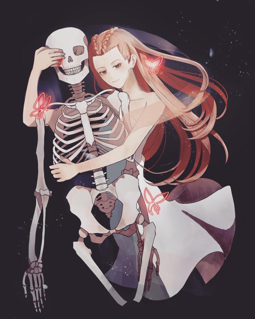 black_background blood braid brown_eyes brown_hair bug butterfly chinese_commentary commentary dahlia_hawthorne dress female gyakuten_saiban highres long_hair looking_at_viewer nnm1229 phoenix_wright:_ace_attorney_-_trials_and_tribulations red_butterfly skeleton solo white_dress