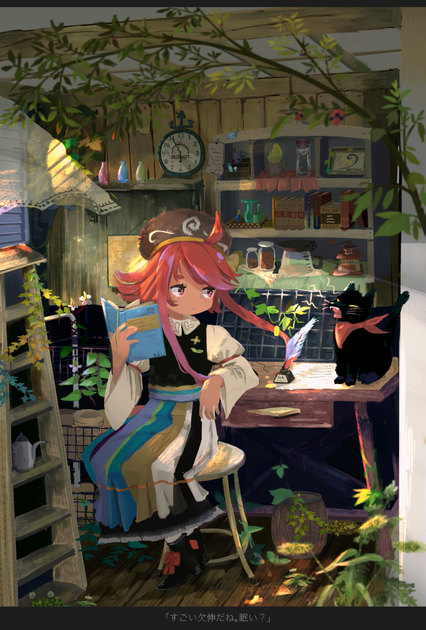 book bookshelf bottle clock commentary_request feline female hat highres holding holding_book indoors inkwell loaded_interior long_sleeves open_mouth original plant quill red_eyes red_hair ryu_(17569823) short_hair_with_long_locks sitting translation_request wall_clock yawning