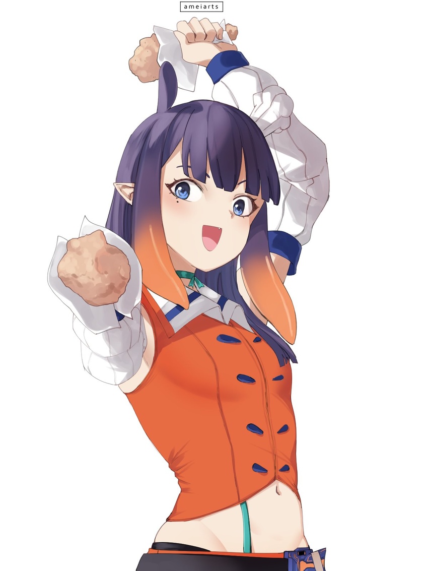 ameiarts blue_eyes blunt_bangs chicken_(food) chicken_leg cosplay detached_sleeves female food gradient_hair hat highres holding hololive hololive_english long_hair looking_at_viewer multicolored_hair ninomae_ina'nis open_mouth orange_hair pointy_ears purple_hair sidelocks simple_background smile solo takanashi_kiara takanashi_kiara_(cosplay) tentacle_hair virtual_youtuber white_background