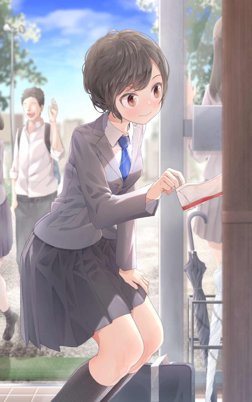 12_graka 1boy 3girls absurdres backpack bag black_legwear black_skirt blazer blue_necktie brown_eyes brown_hair commentary day grey_jacket handbag highres jacket kneehighs long_sleeves multiple_girls necktie original outdoors school_uniform shirt shoes short_hair skirt socks umbrella uniform uwabaki white_shirt