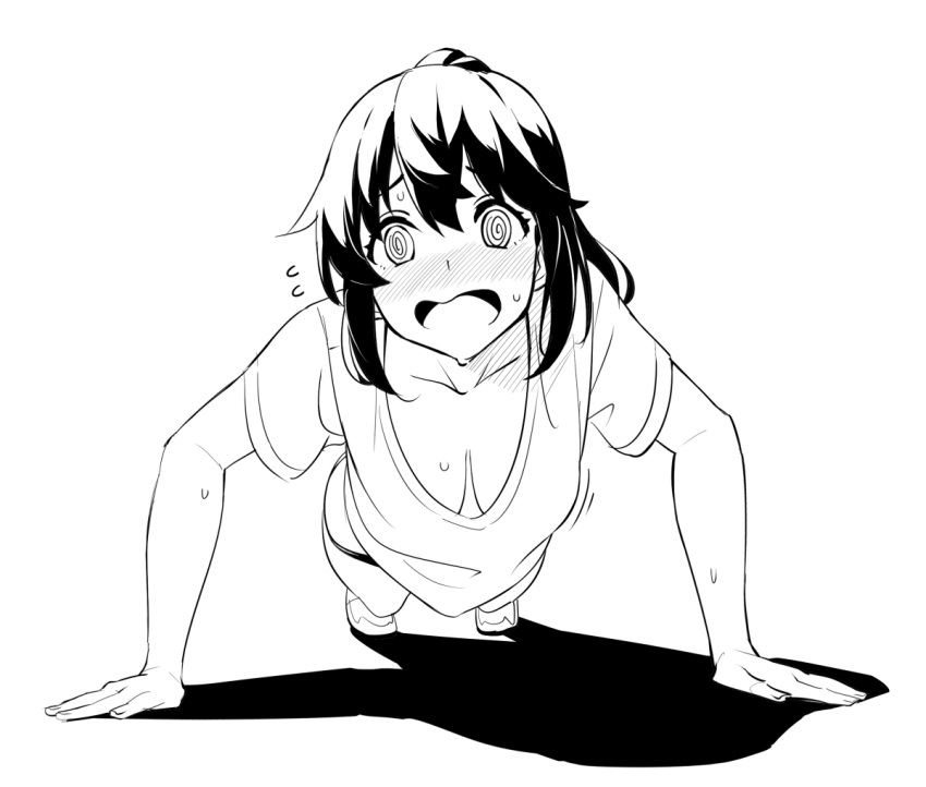 @_@ blush breasts cleavage collarbone commentary exercising female greyscale kekemotsu large_breasts long_hair monochrome open_mouth original ponytail push-ups sidelocks solo symbol-only_commentary