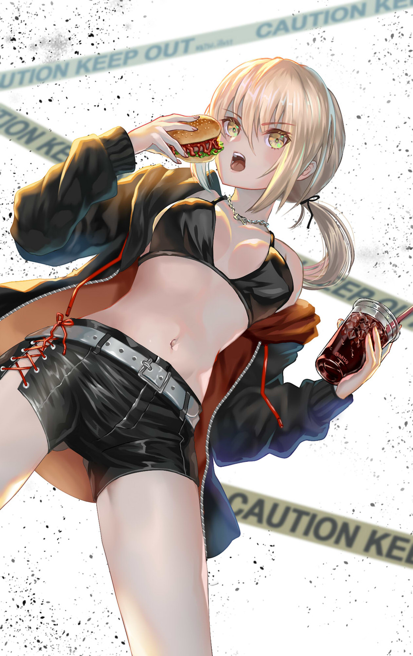 artoria_pendragon_(fate) belt blonde_hair blush bra breasts burger caution_tape cleavage coat cola cowboy_shot cup drinking_straw eating fate/grand_order fate_(series) female food from_below highres holding jewelry medium_breasts natsujiru navel necklace official_alternate_costume open_mouth ponytail revealing_clothes saber_alter saber_alter_(ver._shinjuku_1999)_(fate) short_hair shorts simple_background solo underwear yellow_eyes