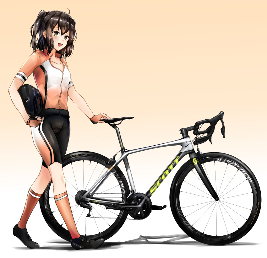 adapted_costume alternate_costume bicycle bicycle_helmet bike_shorts blush breasts brown_eyes brown_socks cycling_uniform female fingerless_gloves full_body gloves gradient_background hair_ornament helmet highres kantai_collection kazu_(really_in_hot_water_now) long_hair looking_at_viewer open_mouth sendai_(kancolle) small_breasts smile socks solo sportswear two_side_up