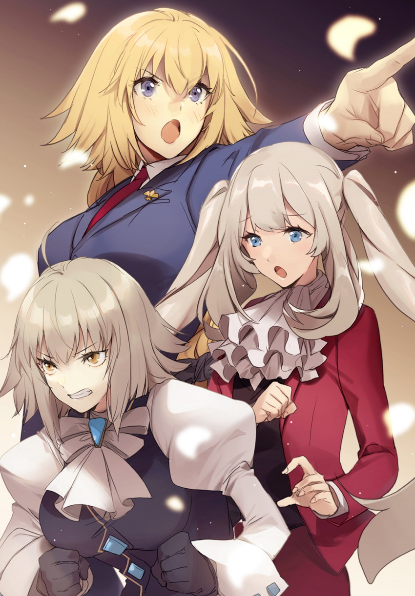 3girls black_ribbon black_vest blonde_hair blue_eyes blue_jacket blue_suit braid cosplay fate/apocrypha fate/grand_order fate_(series) formal franziska_von_karma_(cosplay) grey_hair gyakuten_saiban highres jacket jeanne_d'arc_(fate) jeanne_d'arc_(ruler)_(fate) jeanne_d'arc_alter_(avenger)_(fate) jeanne_d'arc_alter_(fate) karuma_mei long_braid long_hair marie_antoinette_(fate) miles_edgeworth miles_edgeworth_(cosplay) multiple_girls naruhodou_ryuuichi necktie no-kan open_clothes open_jacket open_mouth pants parody phoenix_wright_(cosplay) photoshop_(medium) purple_eyes red_jacket red_suit ribbon simple_background suit suit_jacket twintails vest