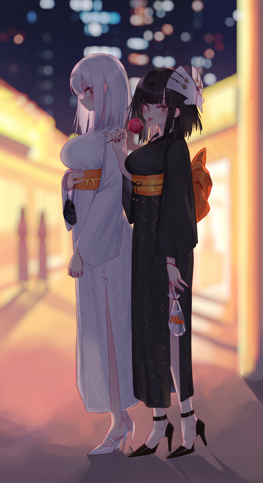 2girls absurdres adeline_(girls'_frontline) alina_(girls'_frontline) bag bagged_fish black_footwear black_hair black_kimono black_nails blunt_bangs blurry blurry_background breasts brown_eyes candy_apple eonsang fish food girls'_frontline goldfish hair_ornament high_heels highres japanese_clothes jewelry kimono large_breasts long_hair long_sleeves looking_at_viewer mask mask_on_head multiple_girls nail_polish nyto_(girls'_frontline) obi paradeus ring sash shoes standing summer_festival tongue tongue_out wedding_ring white_footwear white_hair white_kimono white_nails wide_sleeves yukata