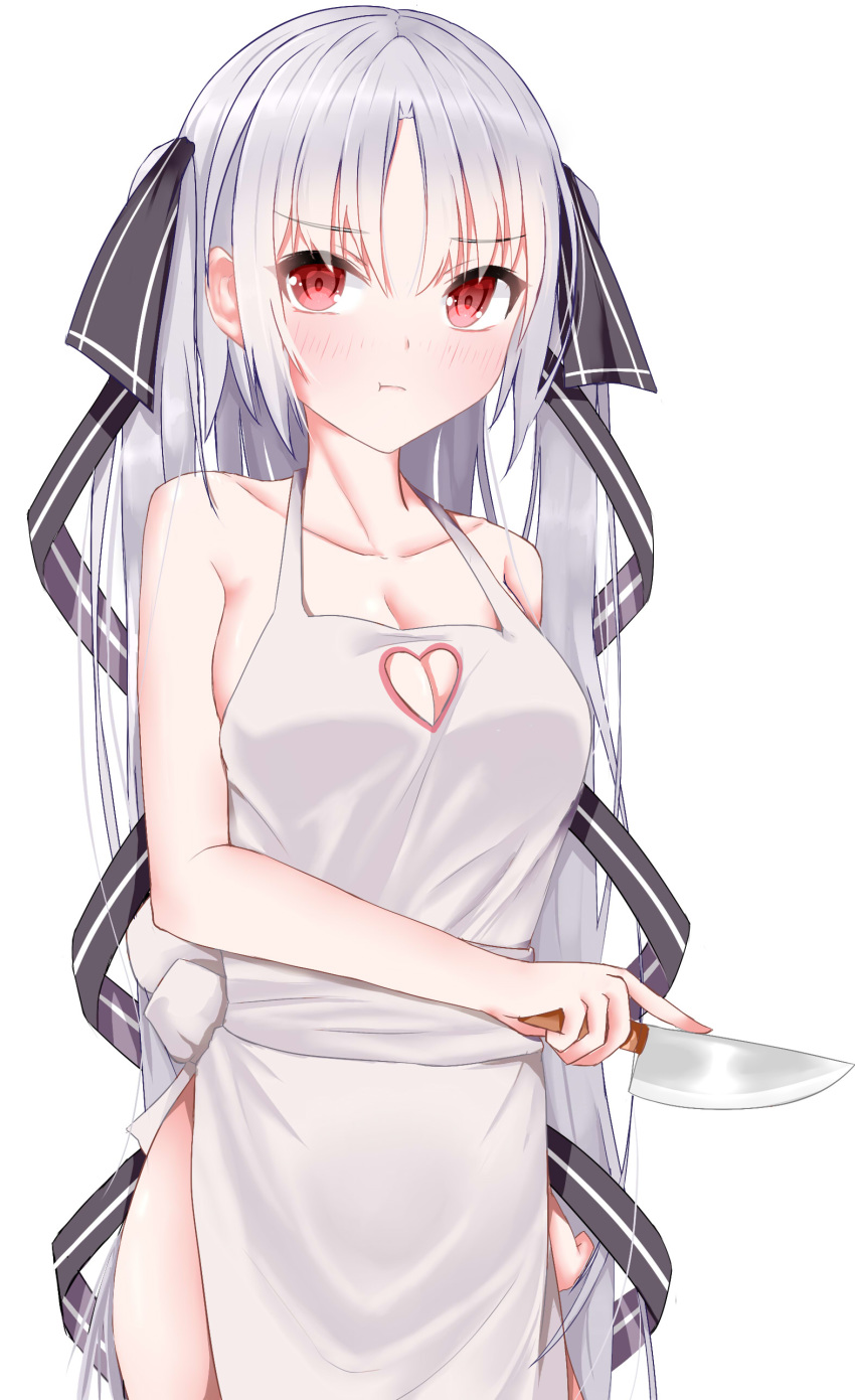 :t absurdres alternate_costume apron artia bare_shoulders blush breasts cleavage cleavage_cutout closed_mouth clothing_cutout collarbone cowboy_shot female hair_ribbon heart heart_cutout highres holding holding_knife hololive hololive_china knife large_breasts long_hair looking_at_viewer mero_(ly21207) naked_apron parted_bangs pout purple_ribbon red_eyes ribbon ringed_eyes simple_background sleeveless solo striped striped_ribbon tress_ribbon two_side_up very_long_hair virtual_youtuber white_background white_hair