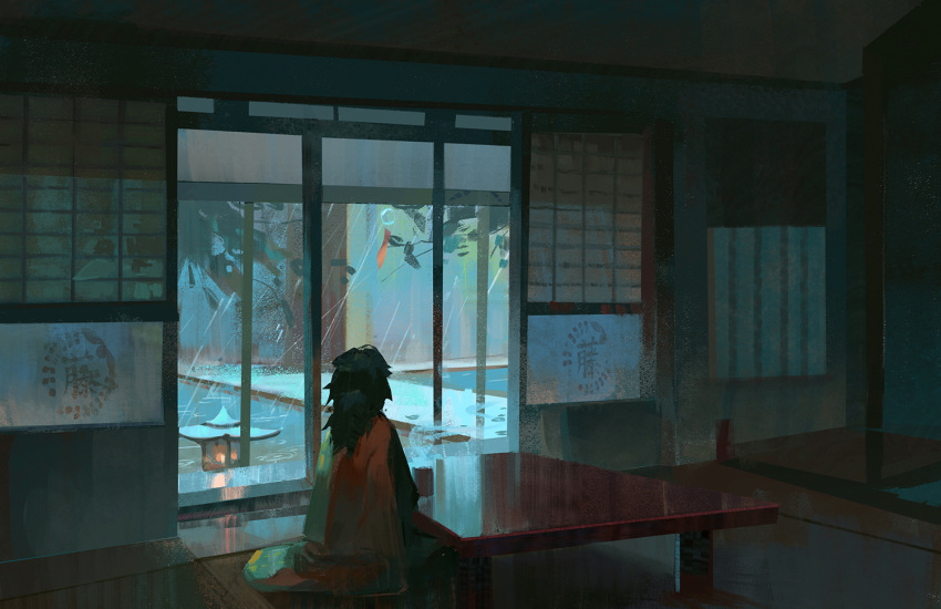 1boy architecture back black_hair branch cup dark demon_slayer_uniform door east_asian_architecture haori house indoors japanese_clothes kimetsu_no_yaiba lantern leaf long_hair looking_outside looking_to_the_side male_focus photoshop_(medium) pixiescout rain room shouji sitting sliding_doors solo steam table tatami tomioka_giyuu tree wind_chime