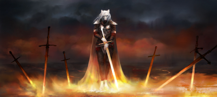 2020 anthro armor canid canine canis clothed clothing day detailed_background digital_media_(artwork) female great_sword greatsword hi_res mammal melee_weapon outside solo sword sword_in_ground weapon wolf wolnir