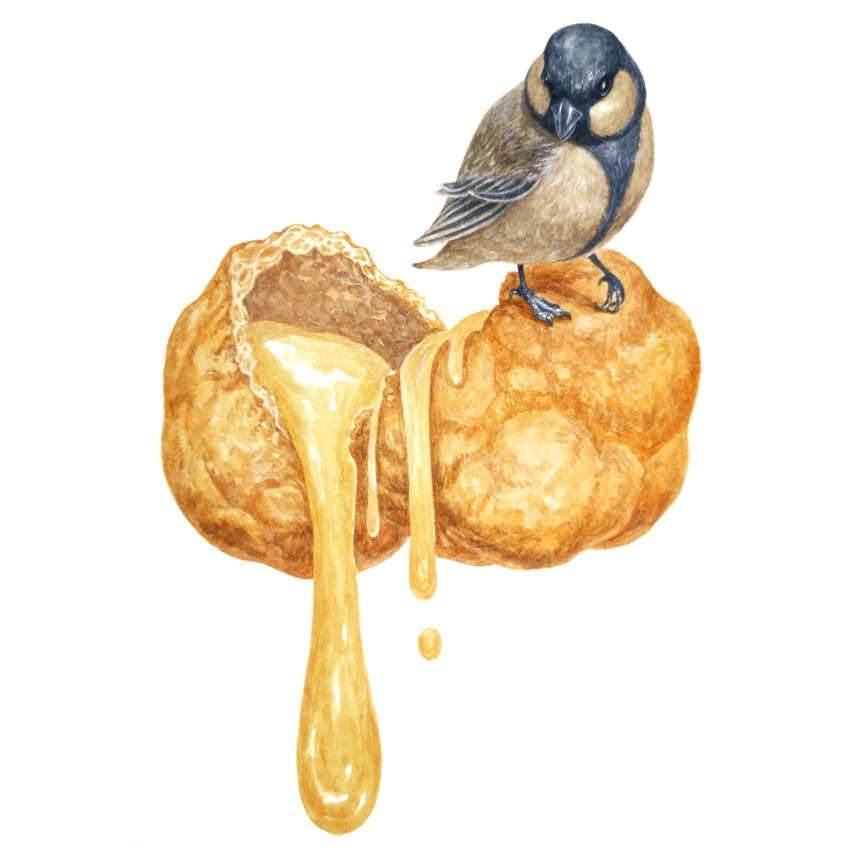 absurdres animal bird cream_puff food food_focus great_tit highres kanou_(pixiv_37964562) no_humans original simple_background tit_(bird) traditional_media white_background