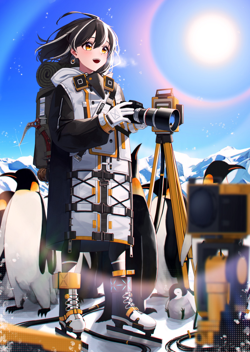 :d animal anklet arknights backpack bag bird black_footwear black_hair blue_sky blurry blurry_foreground blush breath camera coat cold commentary day depth_of_field earrings emperor_penguin female full_body gloves highres holding holding_camera ice_axe ice_skates infection_monitor_(arknights) jewelry kasasasagi long_sleeves looking_afar looking_away magallan_(arknights) mountainous_horizon multicolored_hair open_mouth orange_eyes outdoors penguin rope skates sky smile solo standing streaked_hair sun_halo sunlight theodolite two-tone_hair white_gloves white_hair zipper_pull_tab