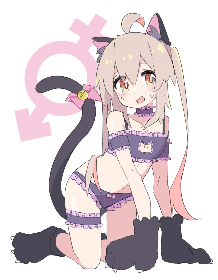 absurdres ahoge all_fours alternate_costume animal_ears animal_hands black_bra black_panties black_sleeves blush bow bow_panties bra bridal_garter brown_eyes cat_cutout cat_ears cat_lingerie cat_tail choker cleavage_cutout clothing_cutout commentary detached_sleeves female frilled_bra frilled_choker frilled_panties frilled_sleeves frills full_body gloves highres light_brown_hair long_hair looking_at_viewer male-female_symbol meme_attire onii-chan_wa_oshimai! open_mouth oyama_mahiro panties paw_gloves paw_shoes short_sleeves solo sweatdrop tail teira_(ooxoo) twintails underwear underwear_only white_background