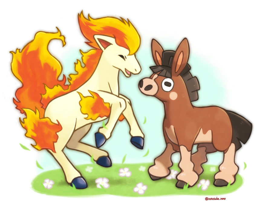 ^_^ animal_focus artist_name bad_id bad_pixiv_id black_eyes blush_stickers closed_eyes commentary day fiery_tail fire flower full_body grass happy highres horizontal_pupils horse mudbray no_humans open_mouth outdoors pokemon pokemon_(creature) ponyta rorosuke smile standing standing_on_one_leg tail twitter_username white_background white_flower