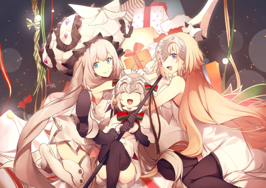 3girls ahoge black_ribbon black_thighhighs blonde_hair blue_eyes bow fate/apocrypha fate/grand_order fate_(series) frilled_hat frills gloves grey_hair hair_ribbon happy hat hat_bow headpiece jeanne_d'arc_(fate) jeanne_d'arc_(third_ascension)_(fate) jeanne_d'arc_alter_santa_lily_(fate) large_hat long_hair looking_at_another marie_antoinette_(fate) marie_antoinette_(third_ascension)_(fate) multiple_girls no-kan open_mouth photoshop_(medium) purple_eyes ribbon smile thighhighs twintails white_bow white_legwear