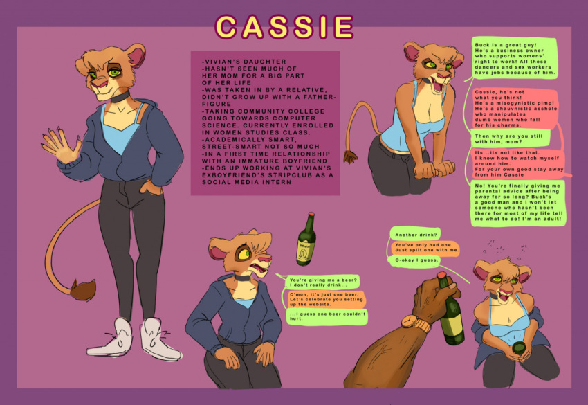 2021 alcohol anthro arms_bent beverage black_text cassie_(sugslimic) character_description character_name clothing college_student color_coded color_coded_speech_bubble description dialogue disney drunk english_text felid female green_speech_bubble information information_box information_section legs_together linked_speech_bubble lion mammal muscular muscular_arms name_drop name_in_dialogue orange_speech_bubble pantherine polygonal_speech_bubble purple_text_box red_speech_bubble short_story solo speech_bubble standing story story_in_description straight_legs stuttering substance_intoxication sugslimic sweater text text_box the_lion_king topwear vitani_(the_lion_king)