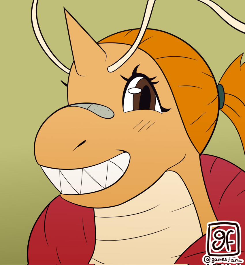 anthro bandage blush blush_lines brown_eyes clothing dragon dragonite eyelashes fangs gamesfan generation_1_pokemon hair hi_res horn icon looking_at_viewer multicolored_body nintendo orange_body orange_hair pokemon pokemon_(species) red_clothing signature solo teeth two_tone_body video_games white_body