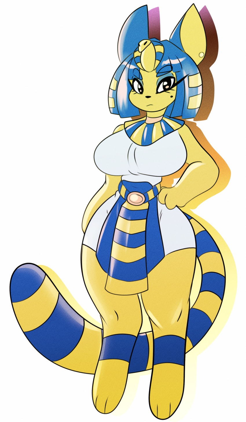 animal_crossing ankha_(animal_crossing) anthro big_breasts breasts domestic_cat ear_piercing eyeshadow felid feline felis female hand_on_hip hi_res looking_at_viewer makeup mammal markings mole_(marking) nintendo piercing solo solratic wide_hips