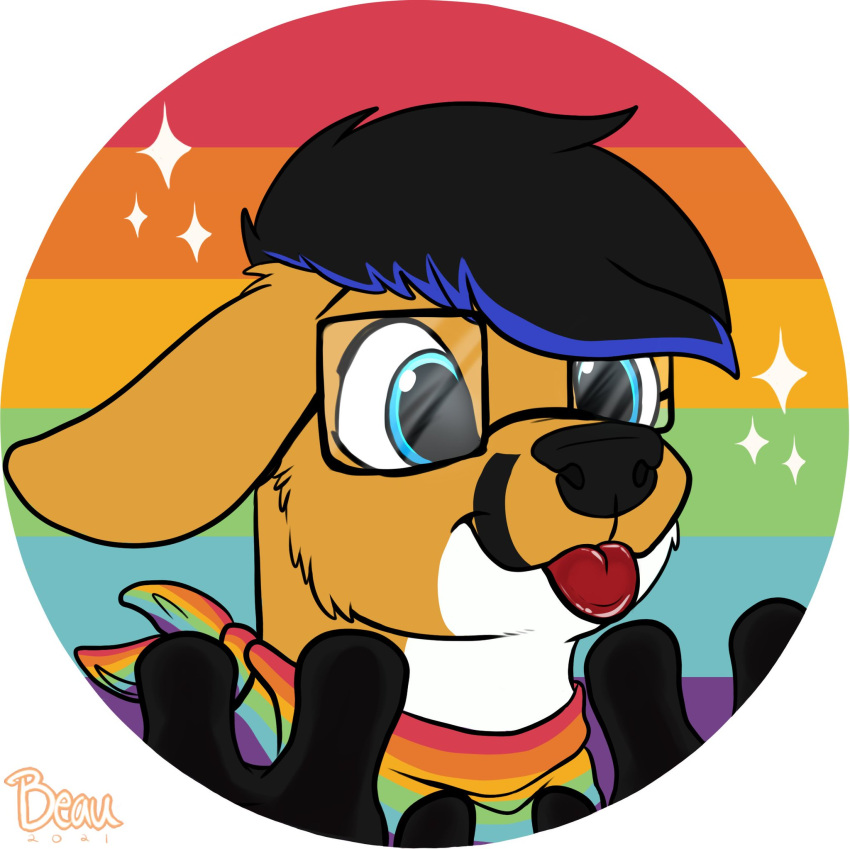 accessory anthro bandana blep blue_eyes boldbeaux canid canine clothing eyewear fox glasses hi_res kerchief lgbt_pride male mammal multicolored_accessory multicolored_bandanna multicolored_kerchief multicolored_neckerchief multicolored_neckwear neckerchief neckwear pride_color_accessory pride_color_background pride_color_bandanna pride_color_clothing pride_color_kerchief pride_color_neckerchief pride_color_neckwear pride_colors rainbow_background rainbow_pride_clothing rainbow_pride_colors rainbow_symbol simple_background six-stripe_rainbow_pride_colors solo tongue tongue_out trebthefox_(character)