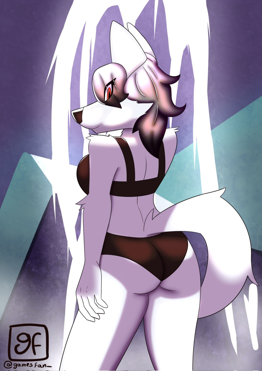 anthro black_clothing black_hair bottomwear breasts canid canine canis clothing eyelashes female fur gamesfan grey_body grey_fur grey_hair hair hi_res mammal plant red_eyes signature solo topwear underwear white_body white_fur white_hair white_tail wolf