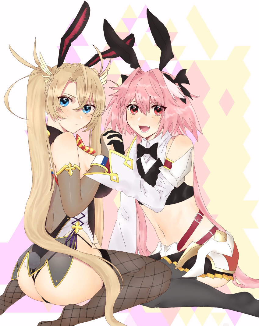 1boy absurdres ass astolfo_(fate) astolfo_(saber)_(fate) bad_id bad_pixiv_id bare_shoulders black_bow black_bowtie black_gloves black_ribbon blonde_hair blue_eyes blush bow bowtie bradamante_(fate) bradamante_(welcome_bunny)_(fate) braid breasts bridal_gauntlets coattails commentary cousins crown_braid elbow_gloves fate/grand_order fate_(series) female gloves hair_between_eyes hair_intakes hair_ornament hairbow high-waist_sideboob highleg highleg_leotard highres holding_hands interlocked_fingers leotard long_hair looking_at_viewer low_twintails midriff multicolored_hair navel oerba_yun_fang open_mouth otoko_no_ko pink_hair poker_chip ribbon skin_fang smile streaked_hair twintails ushi_(hikari0510) very_long_hair white_hair wing_collar