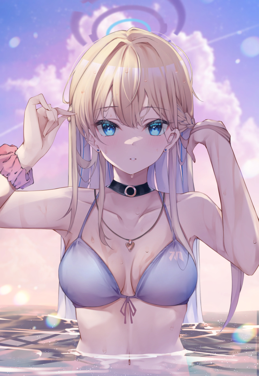 absurdres adjusting_hair armpits bikini blonde_hair blue_archive blue_bikini blue_eyes blue_halo blue_sky braid breasts choker cleavage cloud collarbone day earrings female front-tie_bikini_top front-tie_top halo highres hojiro_same jewelry long_hair looking_at_viewer medium_breasts navel necklace outdoors parted_lips partially_submerged scrunchie side_braid sky solo swimsuit toki_(blue_archive) very_long_hair water wet wrist_scrunchie