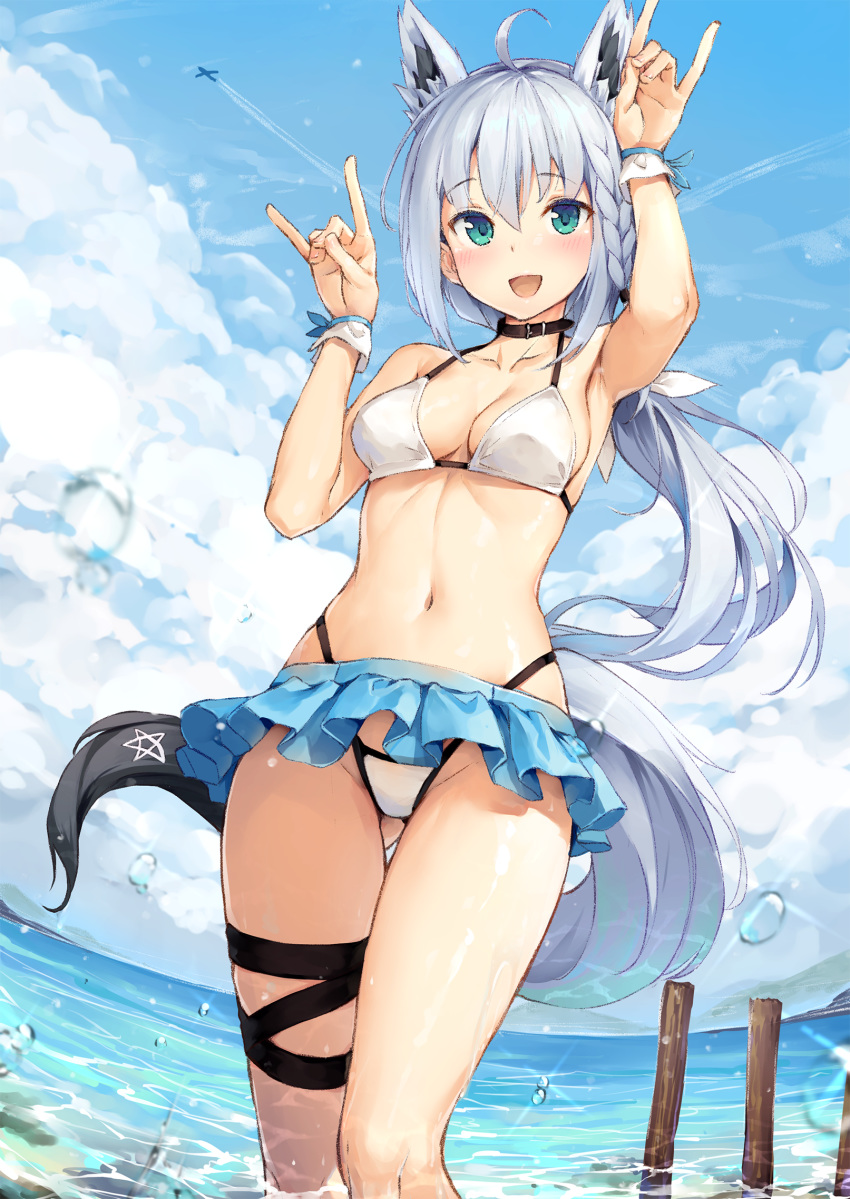 :d ahoge aircraft airplane animal_ears arm_up armpits ass_visible_through_thighs azur_lane bare_arms bare_shoulders bikini blue_skirt blush braid breasts choker cleavage cloud collarbone commentary contrail day double_fox_shadow_puppet extra_ears female fox_ears fox_girl fox_shadow_puppet fox_tail green_eyes grey_hair halterneck hand_up highleg highleg_bikini highres hololive long_hair looking_at_viewer low_ponytail medium_breasts miniskirt navel open_mouth outdoors shirakami_fubuki shirakami_fubuki_(beachside_fox) skirt sky smile solo standing stomach swimsuit sy4 tail thigh_strap thighs virtual_youtuber wading water water_drop wet white_bikini