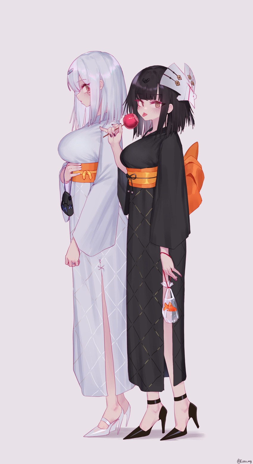 2girls absurdres adeline_(girls'_frontline) alina_(girls'_frontline) bag bagged_fish black_footwear black_hair black_kimono black_nails blunt_bangs breasts brown_eyes candy_apple eonsang fish food girls'_frontline goldfish hair_ornament high_heels highres japanese_clothes jewelry kimono large_breasts long_hair long_sleeves looking_at_viewer mask mask_on_head multiple_girls nail_polish nyto_(girls'_frontline) obi paradeus ring sash shoes simple_background standing tongue tongue_out wedding_ring white_footwear white_hair white_kimono white_nails wide_sleeves yukata