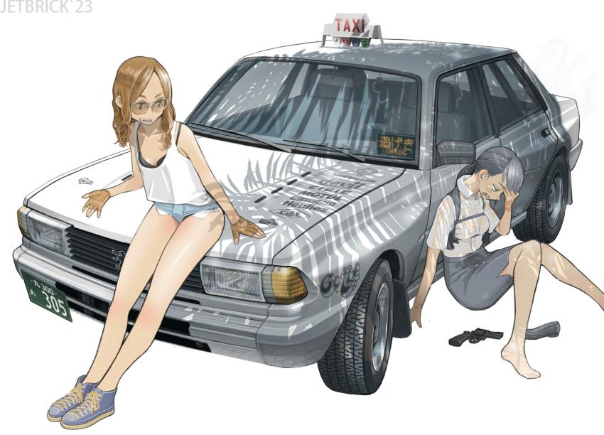 2girls black_bra black_hair bra brown_hair car earpiece fingerless_gloves gloves gun holster jettoburikku long_hair motor_vehicle multiple_girls original panties panty_peek pencil_skirt peugeot ponytail revolver shoes short_shorts shorts shoulder_holster simple_background sitting sitting_against_vehicle skirt sneakers sunglasses sweat taxi underwear unworn_shoes weapon white_background