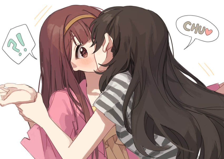 !? 2girls black_hair blunt_bangs blush commentary_request facing_another hairband hano9789 highres holding_another's_wrist idolmaster idolmaster_million_live! kissing kitazawa_shiho long_hair multiple_girls red_hair shirt simple_background speech_bubble spoken_interrobang striped_clothes striped_shirt surprise_kiss surprised tanaka_kotoha upper_body white_background yuri