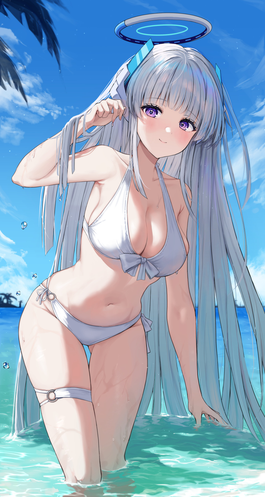 absurdly_long_hair absurdres alternate_costume arm_up bikini blue_archive blue_sky breasts cleavage closed_mouth cloud day female front-tie_bikini_top front-tie_top halo halterneck headgear highres kuuhaku_(wutt5584) large_breasts leaning_forward long_hair looking_at_viewer navel noa_(blue_archive) ocean outdoors purple_eyes sky smile solo standing stomach swimsuit thigh_strap very_long_hair wading water wet wet_hair white_bikini white_hair