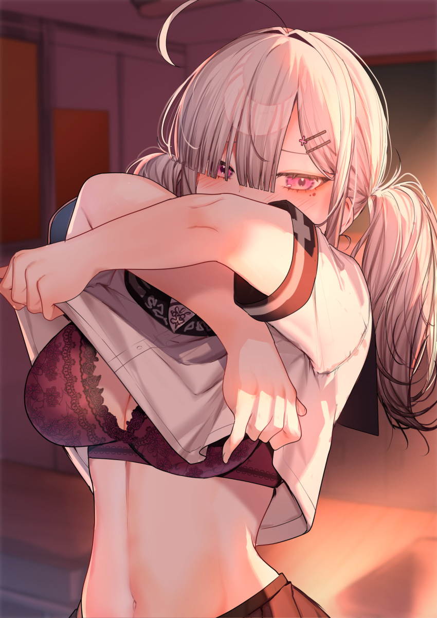 ahoge blush bra breasts character_pin classroom clothes_lift clothes_pull female gomo grey_hair hair_ornament hair_over_one_eye highres large_breasts lingerie long_hair looking_at_viewer mole mole_under_eye navel nijisanji pink_eyes pulling_own_clothes shirt_lift solo sukoya_kana twintails underwear undressing upper_body virtual_youtuber x x_hair_ornament