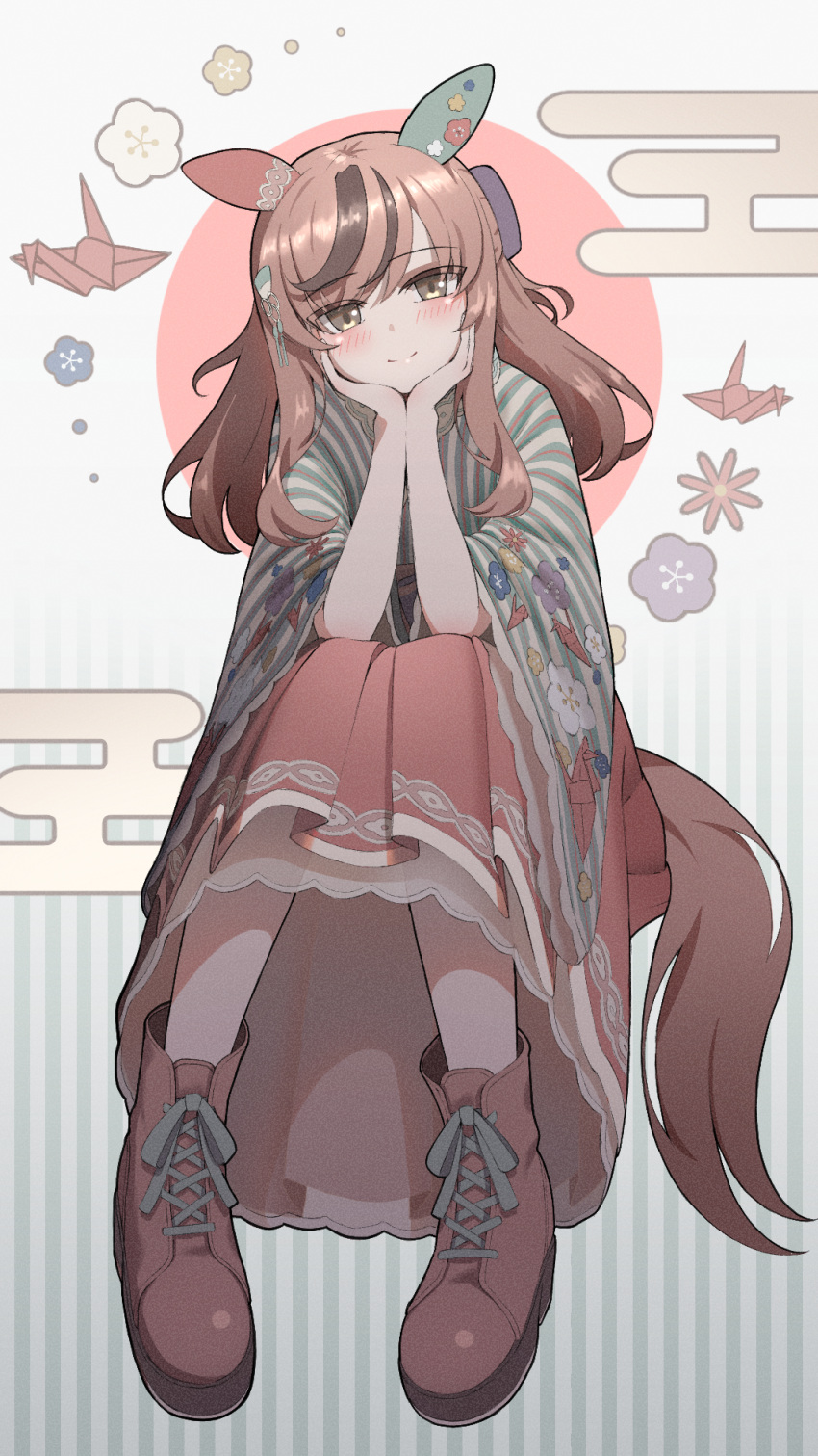 animal_ears brown_eyes brown_footwear brown_hair egasumi female hair_between_eyes hair_down highres horse_ears horse_girl japanese_clothes kimono long_sleeves looking_at_viewer medium_hair multicolored_hair nice_nature_(converging_wishes)_(umamusume) nice_nature_(umamusume) nsb36046_(na) official_alternate_costume official_alternate_hairstyle origami paper_crane sitting solo streaked_hair striped_clothes striped_kimono umamusume vertical-striped_clothes vertical-striped_kimono wide_sleeves