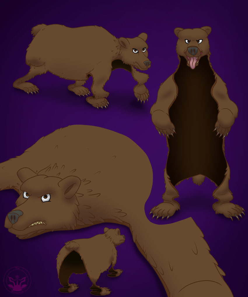 4_legs 5:6 absurd_res animate_inanimate bear bear_rug black_nose brown_body brown_eyes brown_fur feral fur hi_res looking_at_viewer male mammal model_sheet monocerus on_two_legs open_mouth pink_tongue possessed_inanimate simple_background solo taxidermy tongue